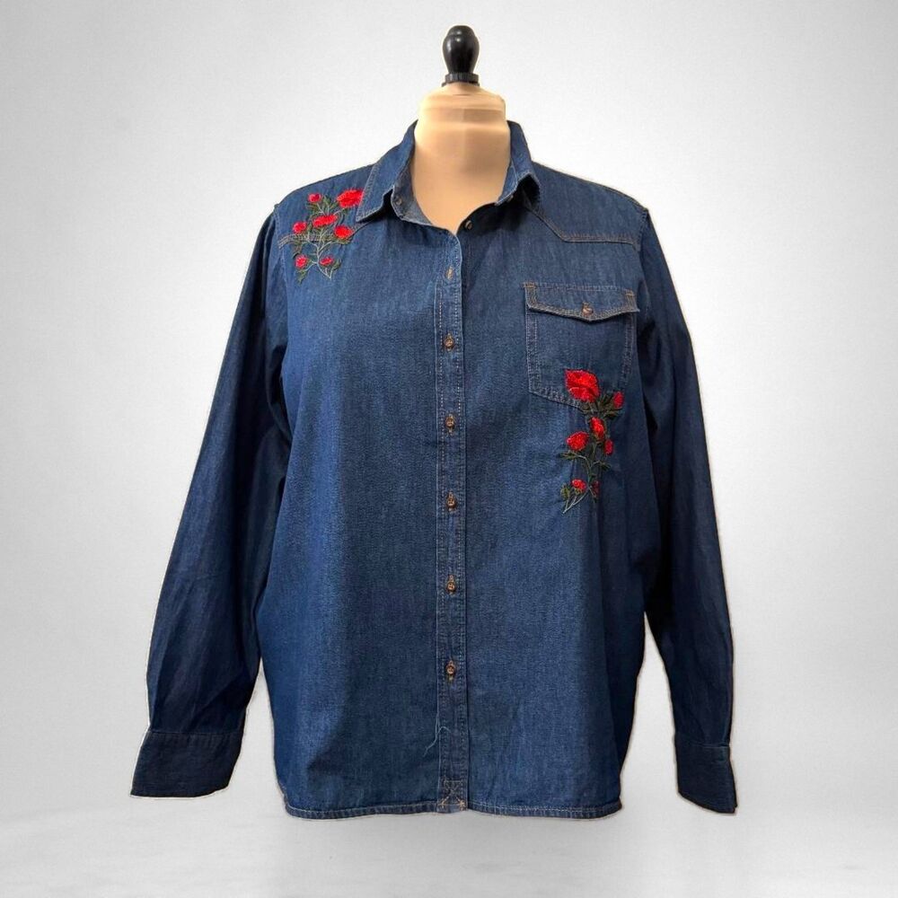 WORKSHOP Republic Clothing Button Front Denim Embroidery Shirt, NWT! Size 2X